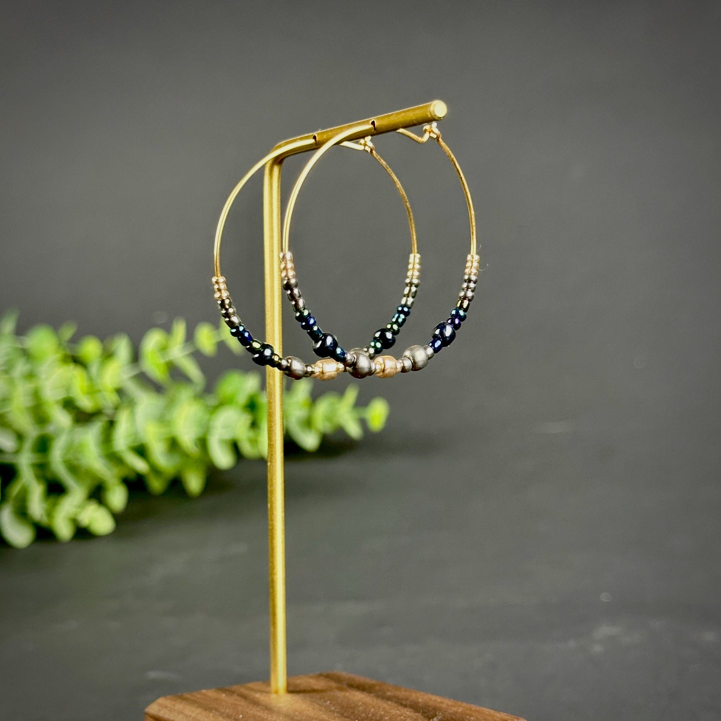 Minimalist Beaded hoop earrings for Christmas. Gold, Silver earrings | Wire Hoops with Beads |Handcrafted Hoop Circle Earrings.