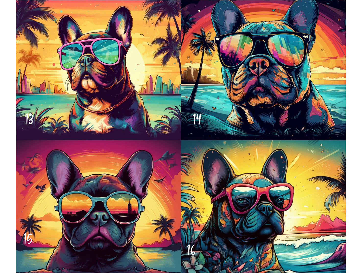 90's French Bulldog at the Beach, Rainbow Colorful 20oz Skinny Stainless Steel Tumbler, Frenchie Insulated Travel Mug for Summer