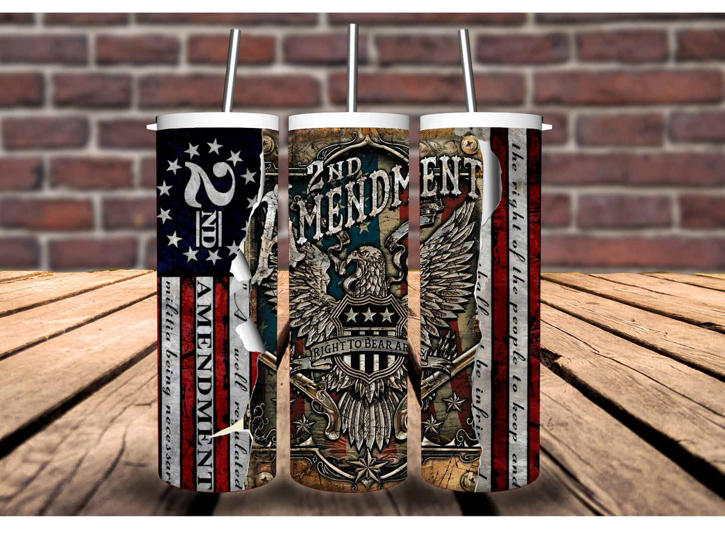 Patriotic Stainless Steel Tumbler - 20oz. Featuring Full-Color Second Amendment, Dont Tread on Me, Army Vet, and Constitution Designs.