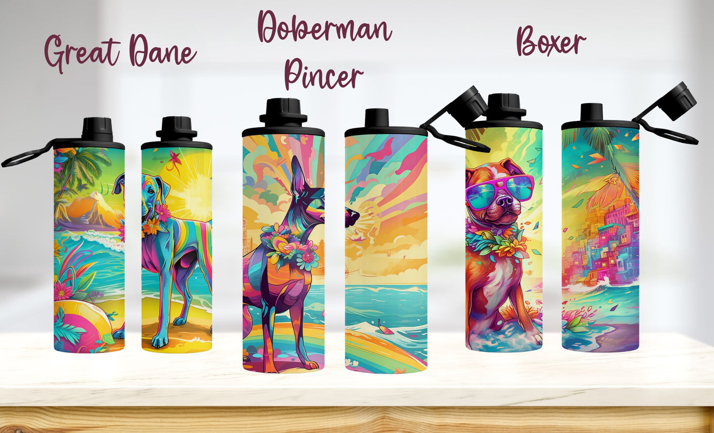 90's Inspired Dog Breed Stainless Steel Water Bottle, 20oz Colorful Dog Breeds at the Beach, Insulated Travel Cup for Gym or School
