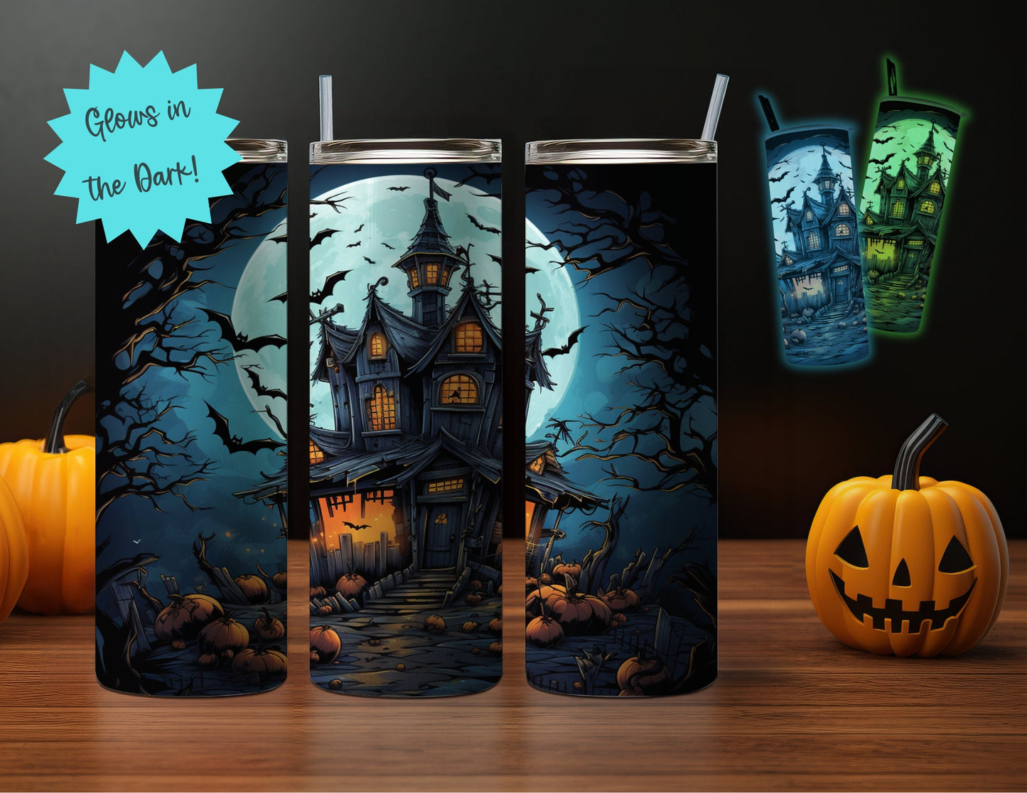 NEON 20oz Glow-in-the-Dark Halloween Themed Stainless Steel Tumbler, Skeletons, Zombies, Haunted House