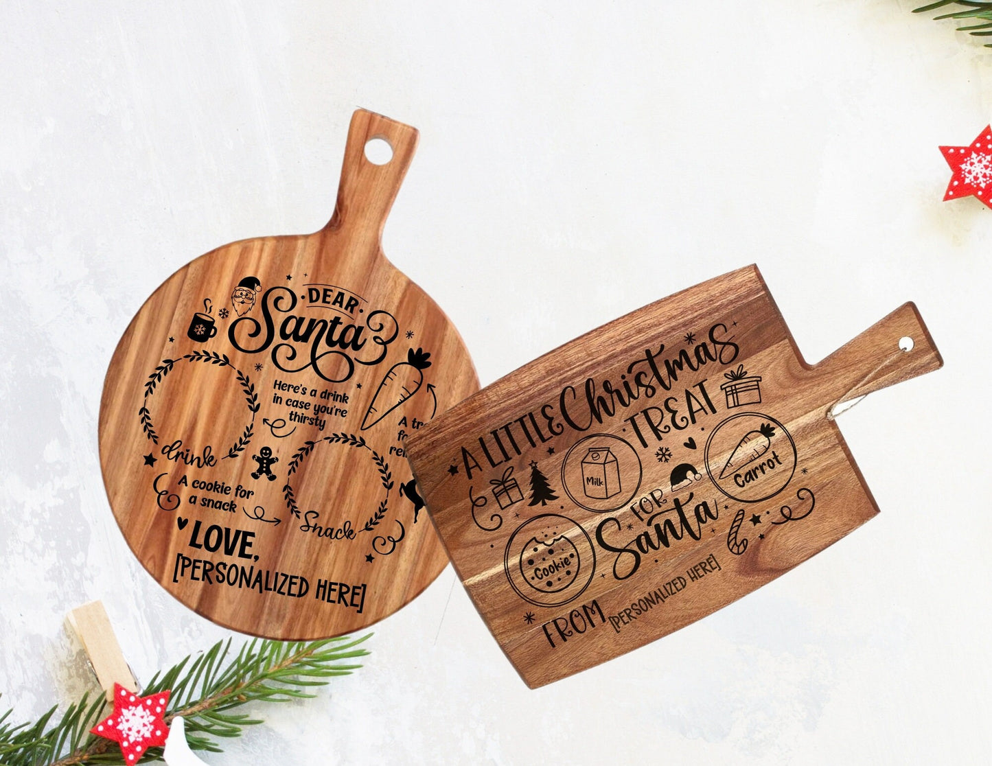 Treats for Santa Customized Acacia cutting board, Milk and Cookies Personalized Santa Claus Snack Serving Board - Childrens Names Engraved