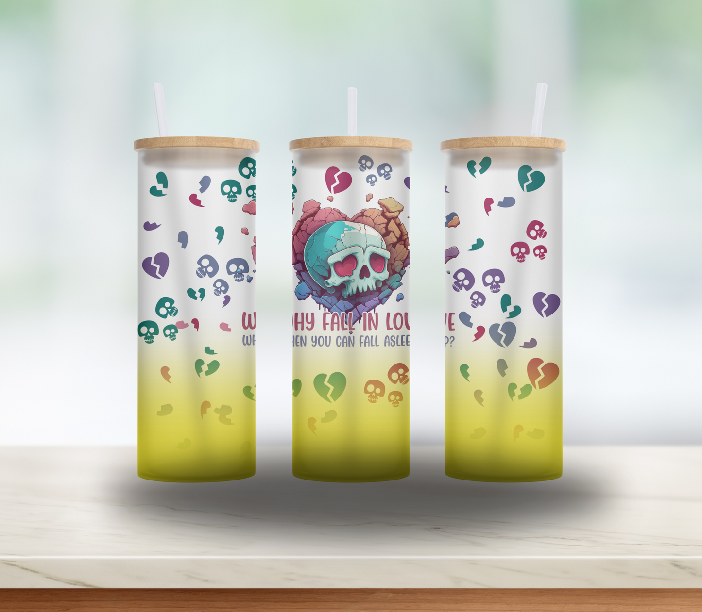 ANTI-Valentine's Day Gift for Bestie, Mom or Girlfriend- 25 oz Skulls Roses and Broken Hearts glass tumbler with bamboo lid and straw