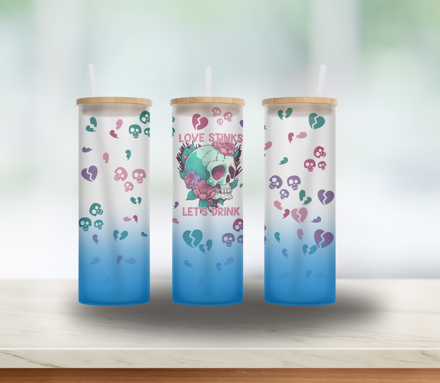ANTI-Valentine's Day Gift for Bestie, Mom or Girlfriend- 25 oz Skulls Roses and Broken Hearts glass tumbler with bamboo lid and straw
