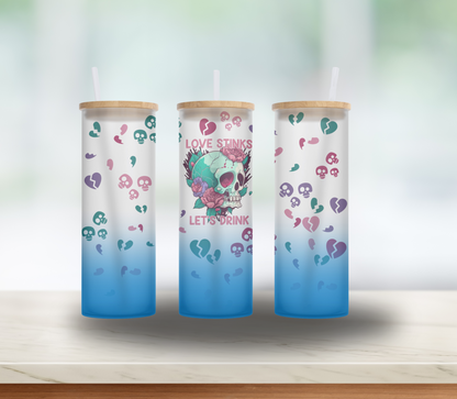 ANTI-Valentine's Day Gift for Bestie, Mom or Girlfriend- 25 oz Skulls Roses and Broken Hearts glass tumbler with bamboo lid and straw