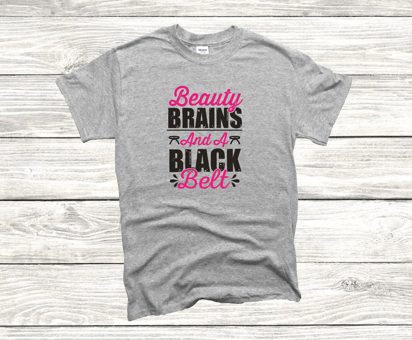 Beauty Brains and a Black Belt Unisex T-Shirt, Youth + Adult Sizes