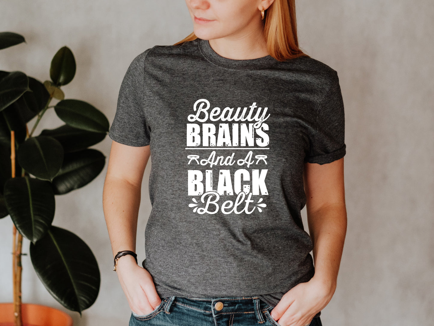 Beauty Brains and a Black Belt Unisex T-Shirt, Youth + Adult Sizes