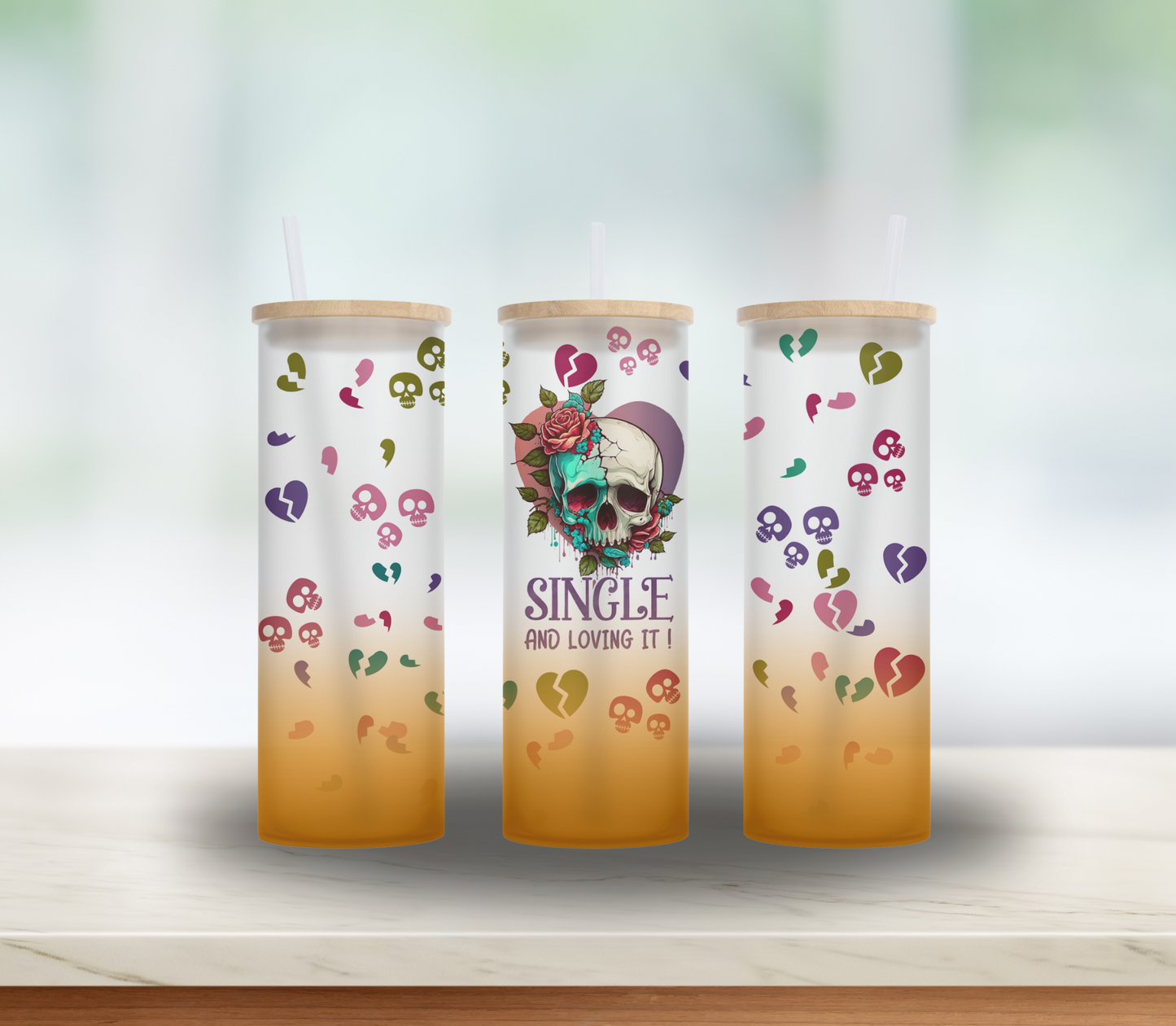 ANTI-Valentine's Day Gift for Bestie, Mom or Girlfriend- 25 oz Skulls Roses and Broken Hearts glass tumbler with bamboo lid and straw