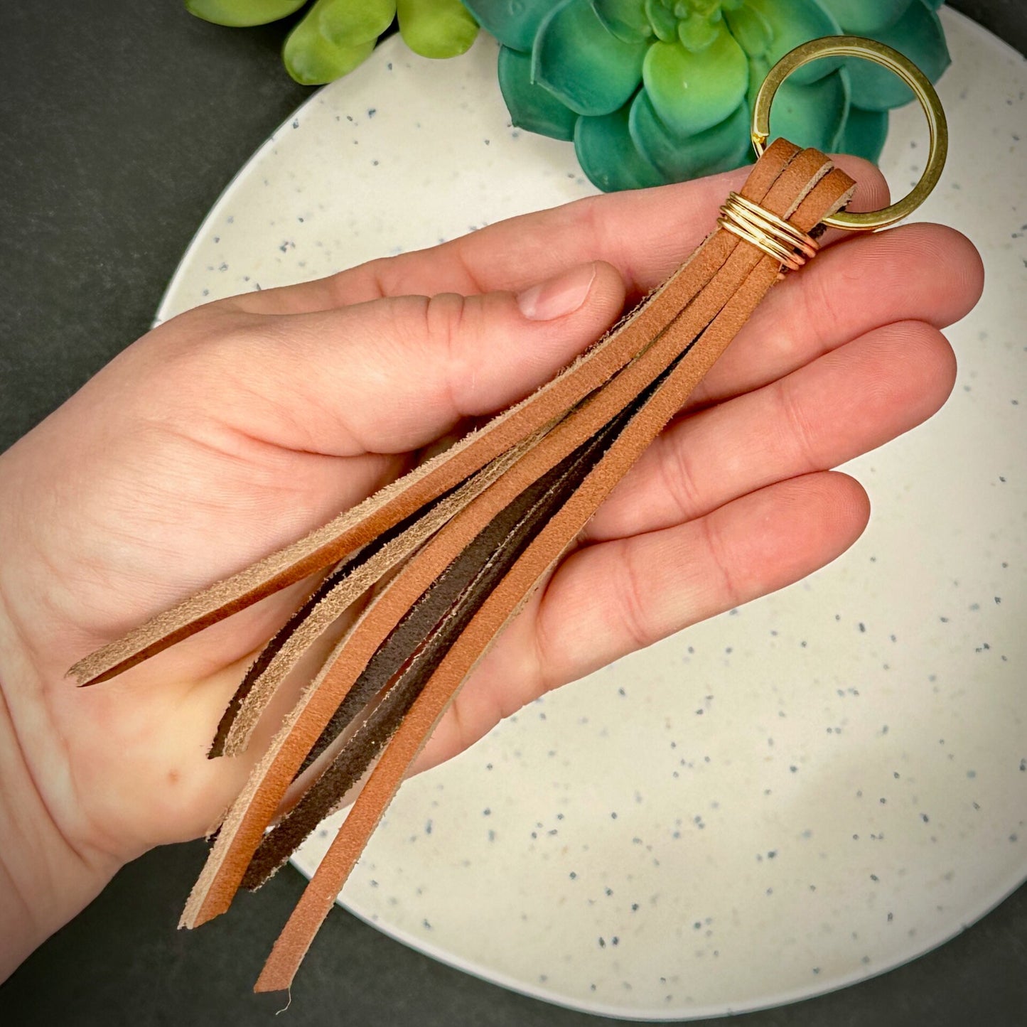 Leather Tassel Keychain, Handmade - 1.25" Key Ring in Espresso, Saddle, Grey or Light Tan- Matching Keyring and Wire Binding. Mother's Day