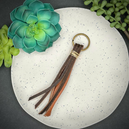 Leather Tassel Keychain, Handmade - 1.25" Key Ring in Espresso, Saddle, Grey or Light Tan- Matching Keyring and Wire Binding. Mother's Day