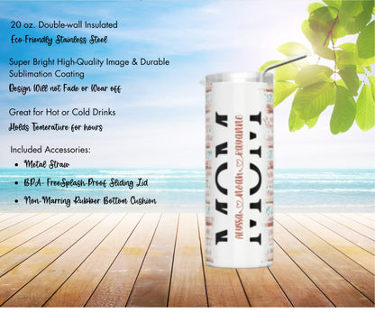 Personalized 20 oz Skinny Tumbler for Mom with 18 Fun Designs - Customized with Children's Names - Perfect Mother's Day Gift