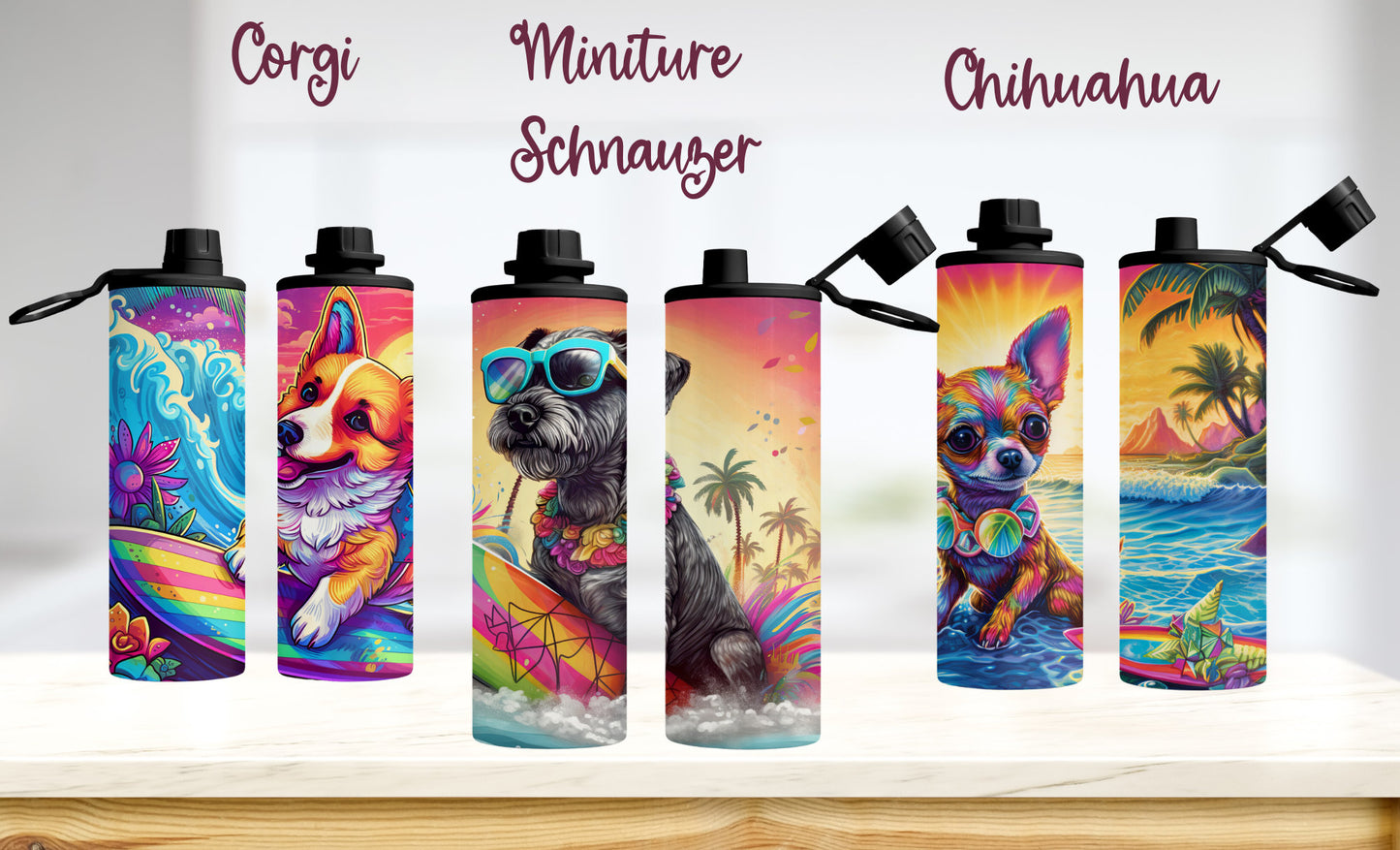 90's Inspired Dog Breed Stainless Steel Water Bottle, 20oz Colorful Dog Breeds at the Beach, Insulated Travel Cup for Gym or School