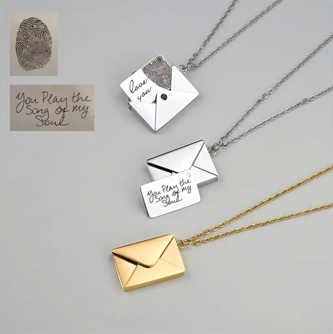 Envelope Message Etched Necklace with, Beautiful message inside in Gold, Silver or Rose Gold- Handwriting Thumbprint Jewelry, newlywed gift