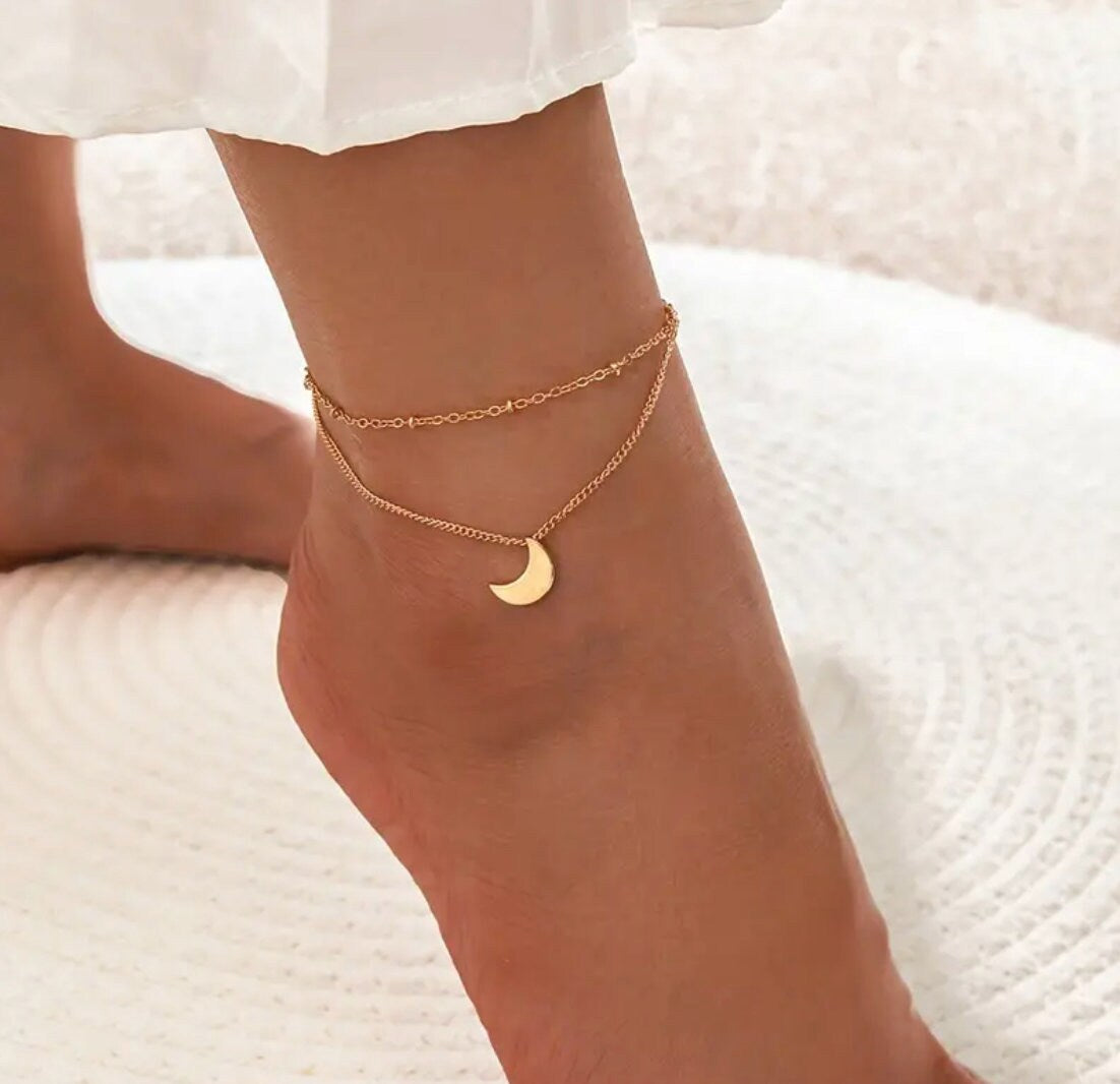 Custom Etched Moon Anklet, double layers 11.5 inches-Add names dates, Celestial- Love you to the moon and back Ankle Bracelet