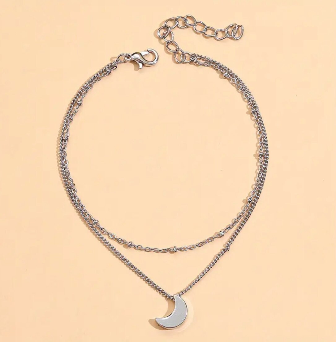 Custom Etched Moon Anklet, double layers 11.5 inches-Add names dates, Celestial- Love you to the moon and back Ankle Bracelet