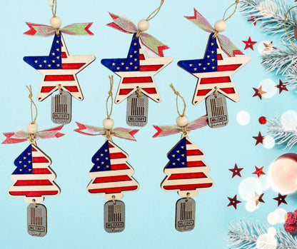 Patriotic Star or Christmas tree Ornament with Dogtag personalization.