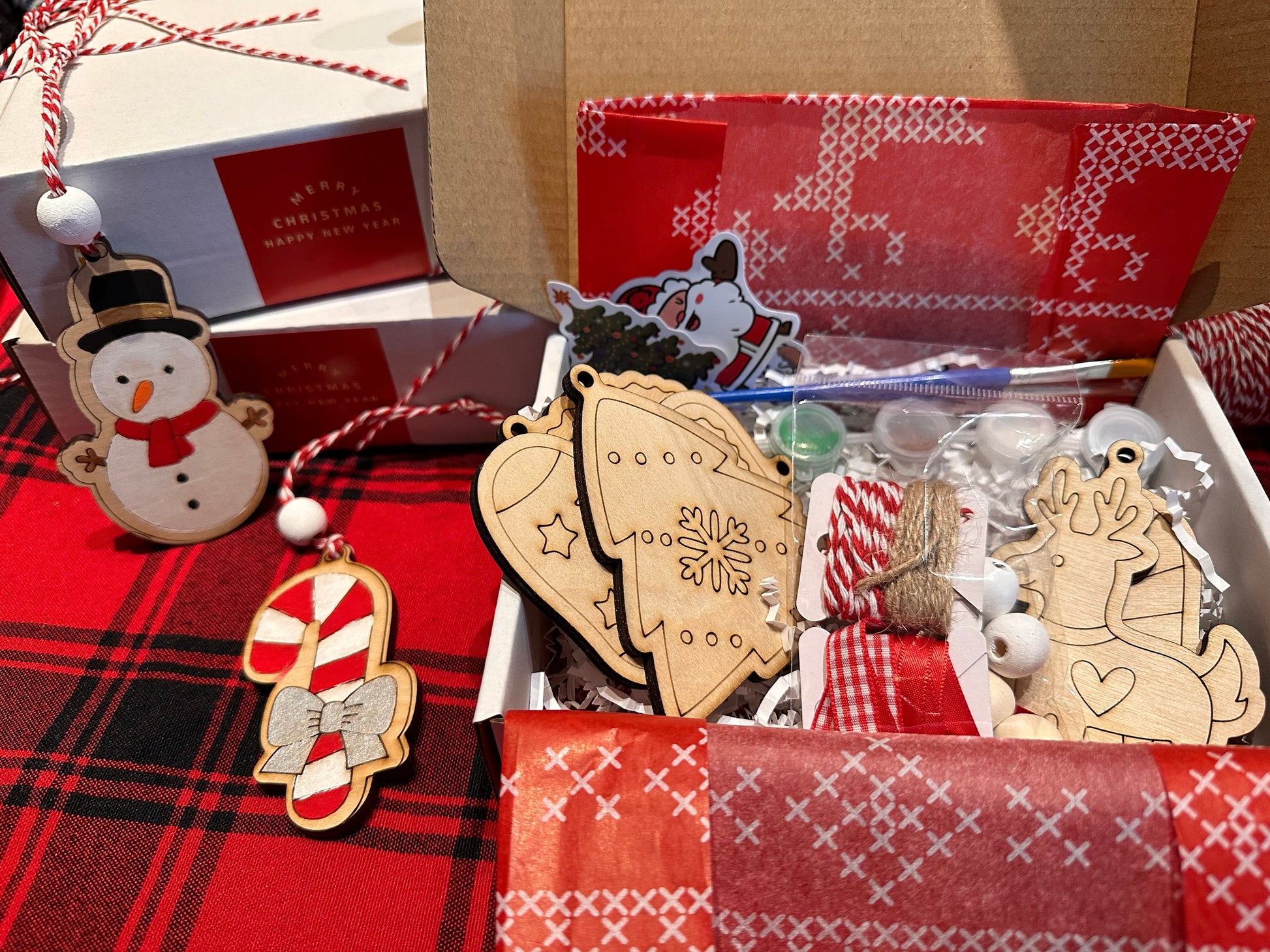DIY Christmas Ornament Painting Kit. Fun Activity kit for Kids + Adults-Stocking, Tree, Reindeer, Candy Cane, Wreath. Paints & Ribbons Incl.