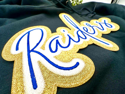 Deluxe Custom Glitter 10.5” Double Layer School Mascot Embroidered Iron-on Applique, Perfect for Team Hoodies and Letterman Jackets.