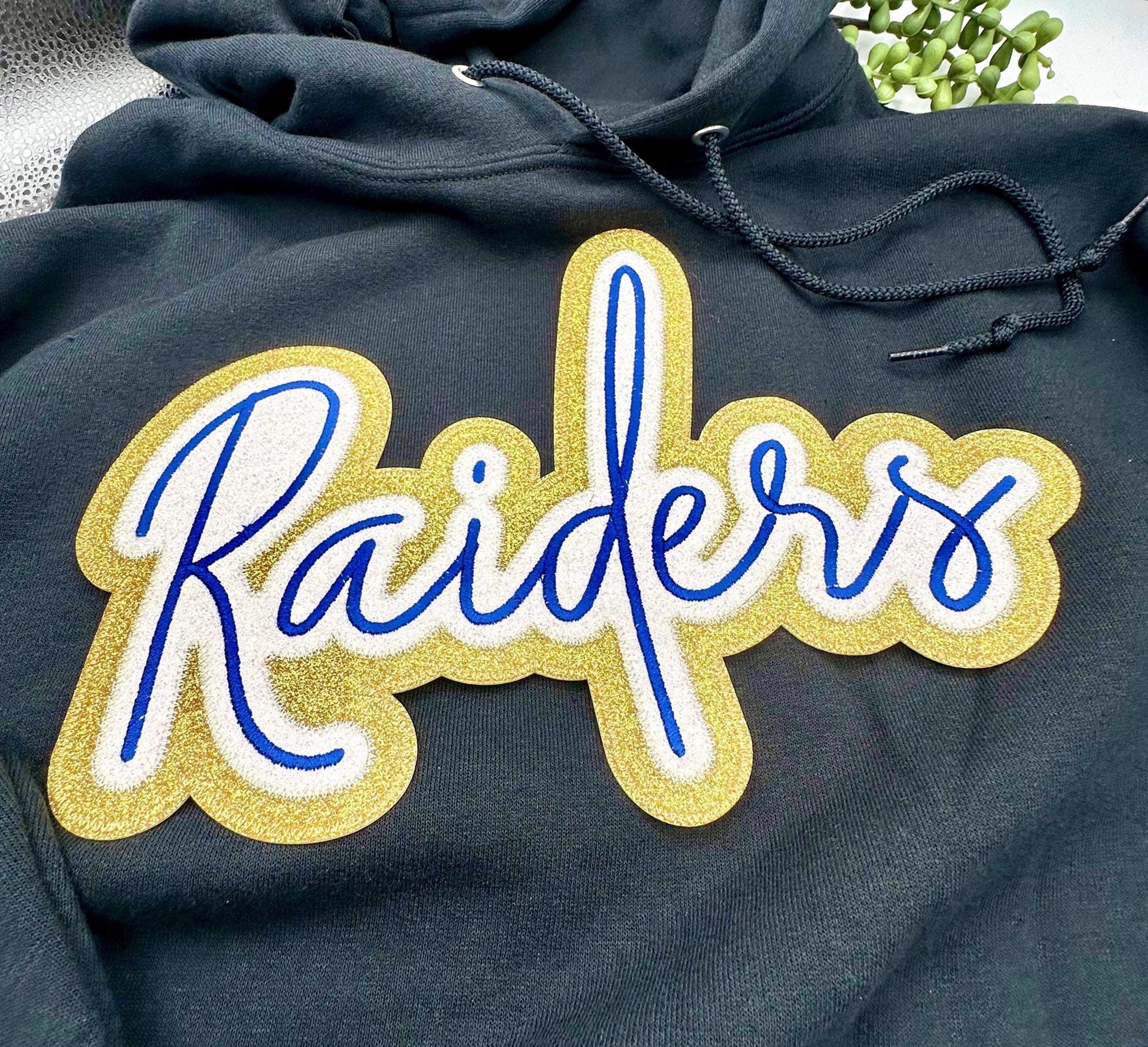 Deluxe Custom Glitter 10.5” Double Layer School Mascot Embroidered Iron-on Applique, Perfect for Team Hoodies and Letterman Jackets.