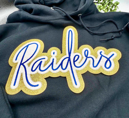 Deluxe Custom Glitter 10.5” Double Layer School Mascot Embroidered Iron-on Applique, Perfect for Team Hoodies and Letterman Jackets.