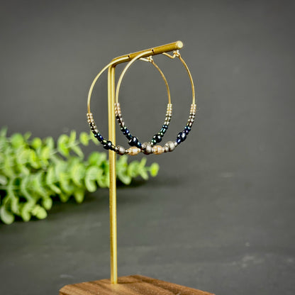 Minimalist Beaded hoop earrings for Christmas. Gold, Silver earrings | Wire Hoops with Beads |Handcrafted Hoop Circle Earrings.