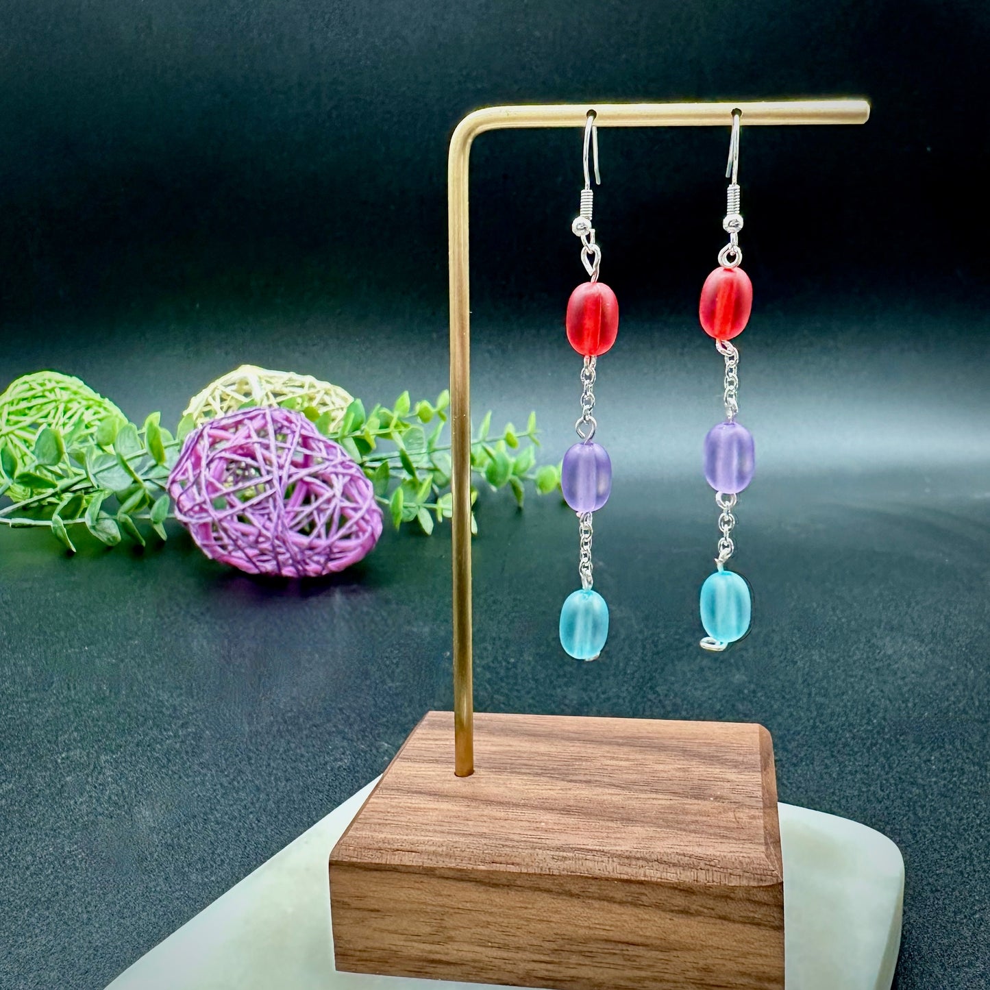 Jellybean Beaded Drop Earrings in Gold, Silver or Rose Gold| Great Gift for Easter | Acrylic Jelly Bean 3 Drop Dangle
