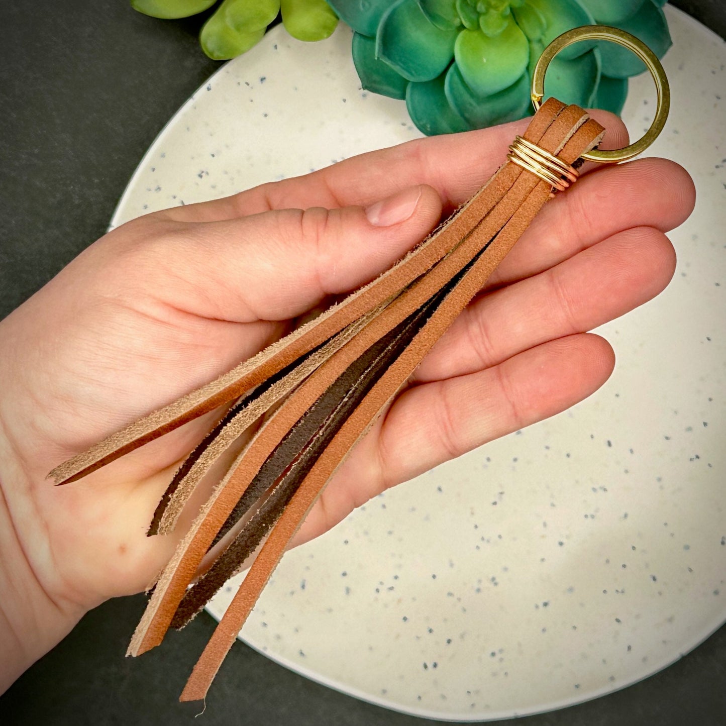 Leather Tassel Keychain, Handmade - 1.25" Key Ring in Espresso, Saddle, Grey or Light Tan- Matching Keyring and Wire Binding. Mother's Day