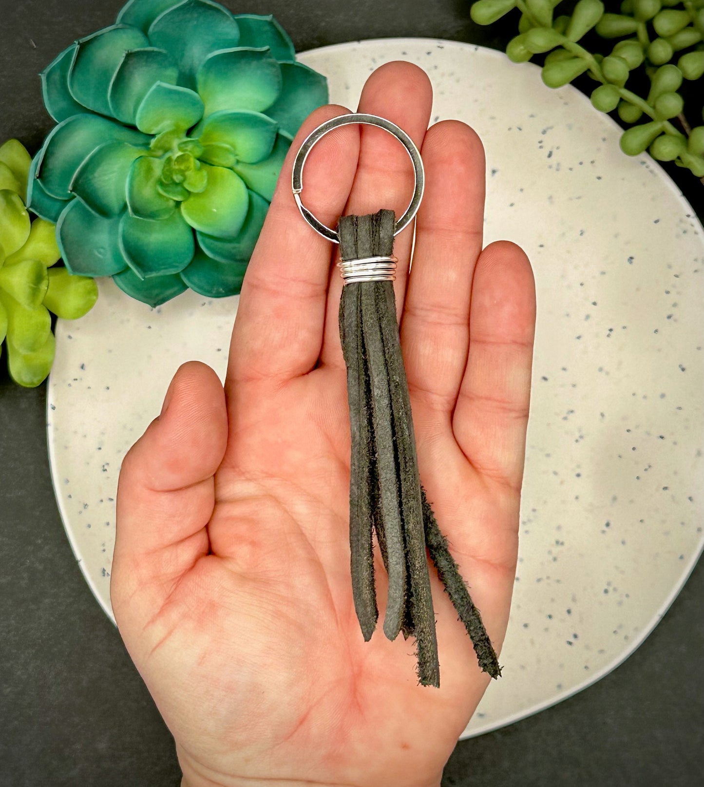 Leather Tassel Keychain, Handmade - 1.25" Key Ring in Espresso, Saddle, Grey or Light Tan- Matching Keyring and Wire Binding. Mother's Day