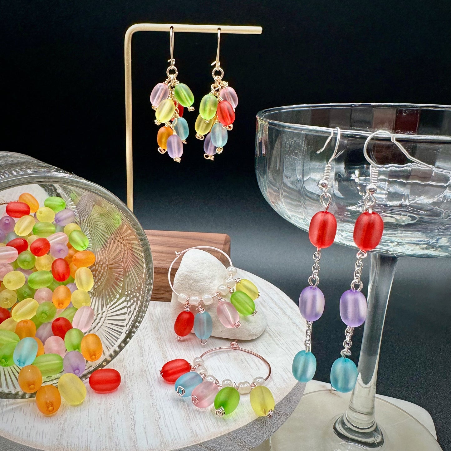 Jellybean Beaded Drop Earrings in Gold, Silver or Rose Gold| Great Gift for Easter | Acrylic Jelly Bean 3 Drop Dangle