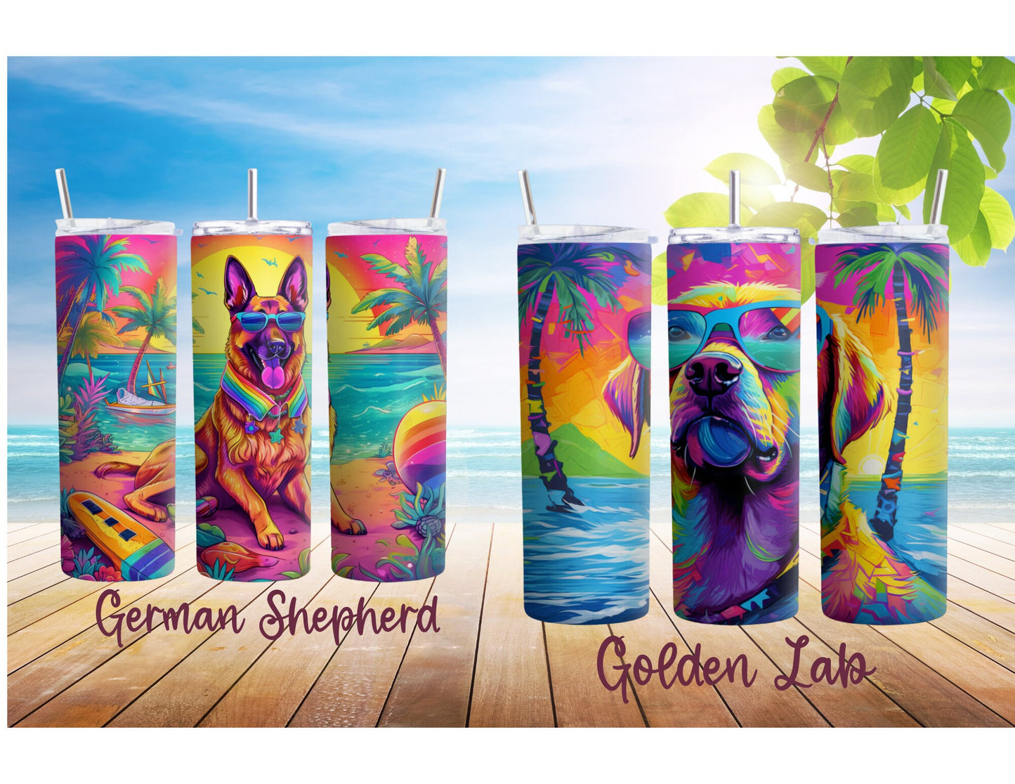 Colorful Dog Breed 90's Rainbow Inspired 20oz Stainless Steel Tumbler, Dog Breeds at the Beach Insulated Travel Mug for Summer