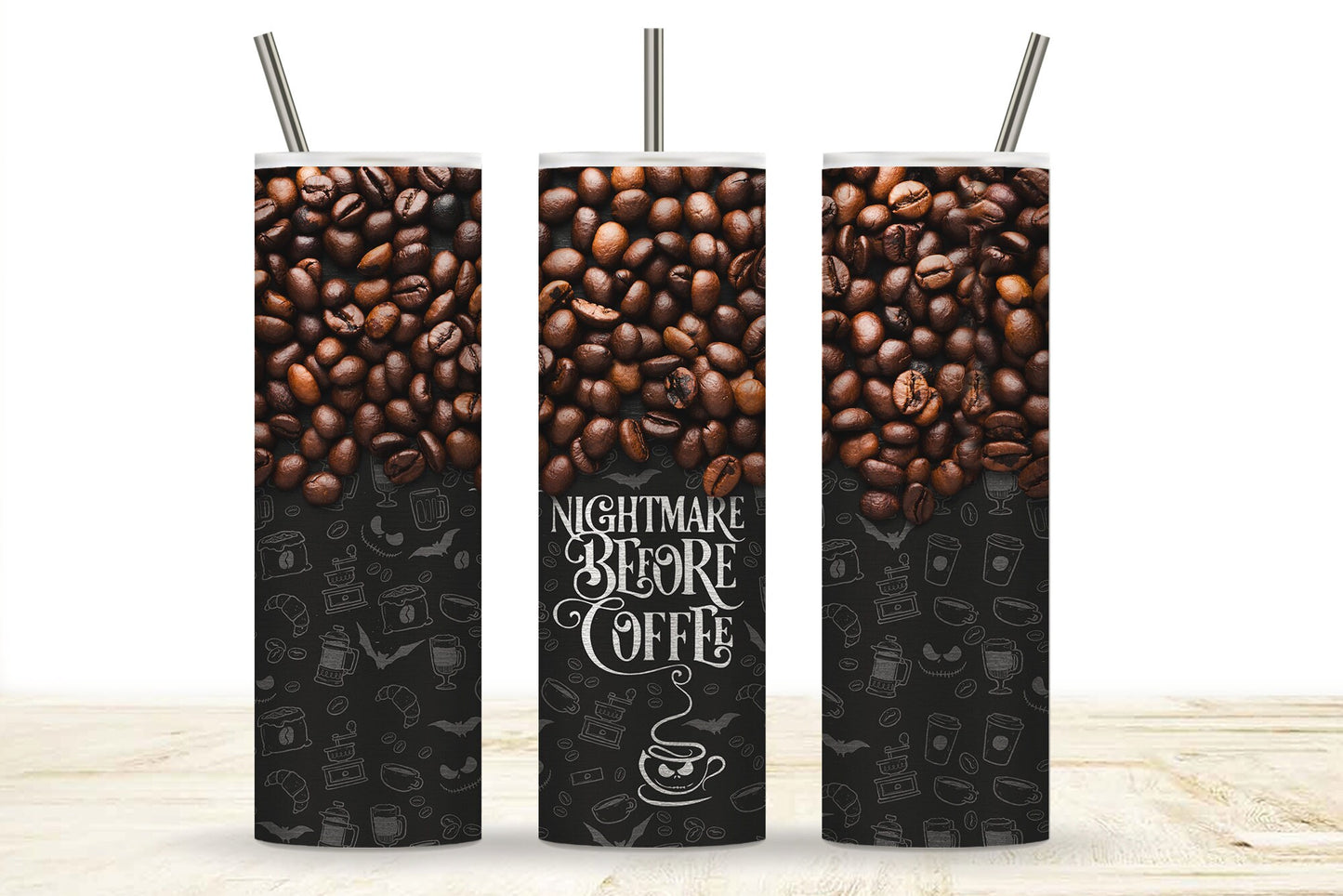 Nightmare Before Coffee Funny Tumbler Design for Coffee Lovers, 20 Oz Skinny Tumbler with Spill-Proof Lid and Metal Straw