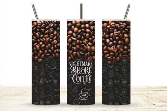 Nightmare Before Coffee Funny Tumbler Design for Coffee Lovers, 20 Oz Skinny Tumbler with Spill-Proof Lid and Metal Straw