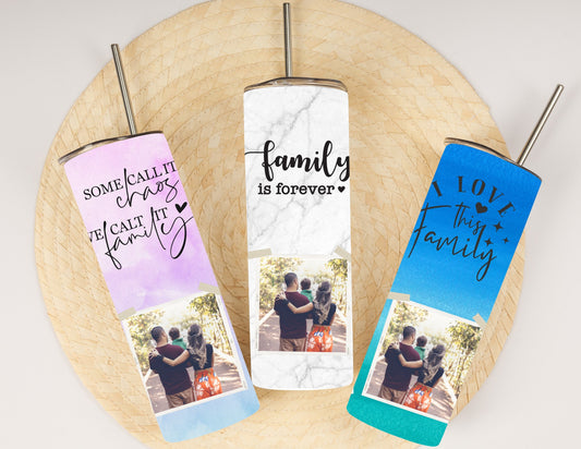 Personalized Family Tumbler-One Cup, Endless Storytelling 20 Oz Custom Stainless Steel photo mug that displays treasured family memories.