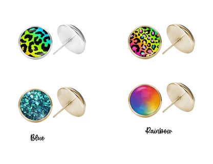 Set of Two -90's Rainbow Leopard Glass Earrings Gold or Silver, 12mm
