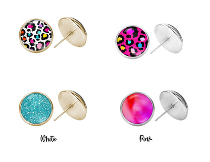 Set of Two -90's Rainbow Leopard Glass Earrings Gold or Silver, 12mm