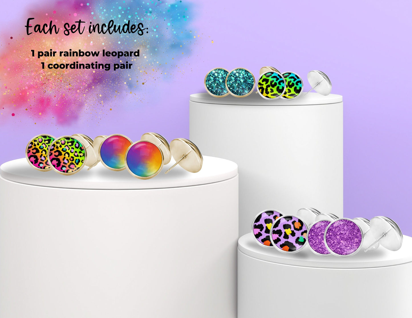 Set of Two -90's Rainbow Leopard Glass Earrings Gold or Silver, 12mm