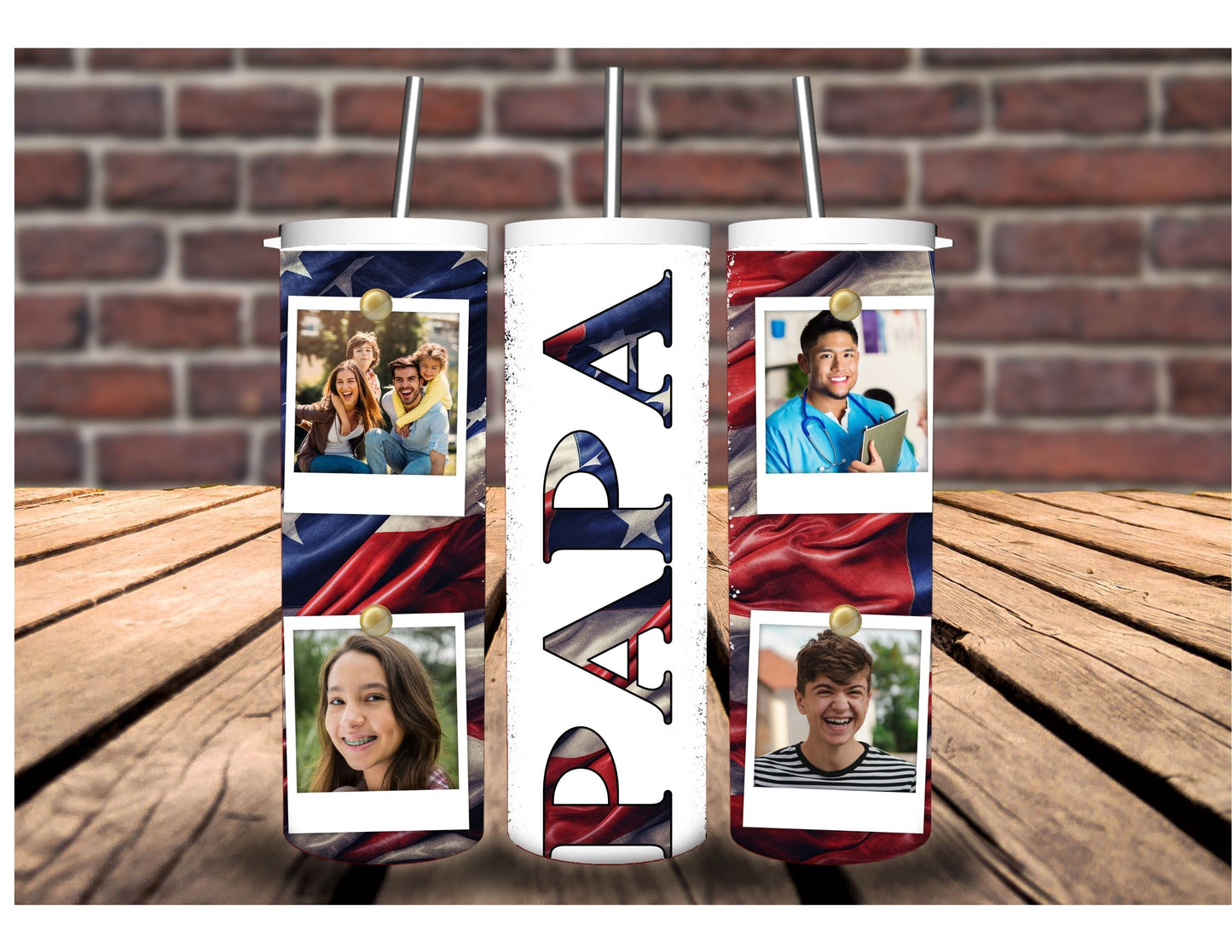 Patriotic Pride, Family Ties- Personalized American Flag Tumbler with Custom Family Photos. A Unique Gift That Honors Dads Love and Heritage