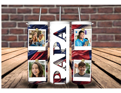 Patriotic Pride, Family Ties- Personalized American Flag Tumbler with Custom Family Photos. A Unique Gift That Honors Dads Love and Heritage