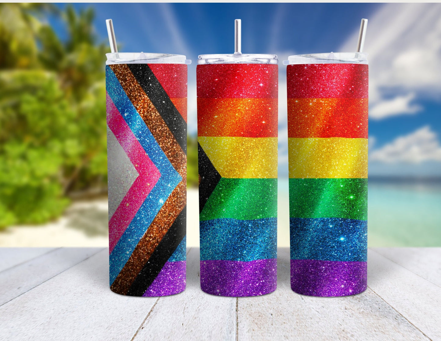 Glittering Pride Progress: 2023 Pride Progress Flag 20 oz Tumbler, Rainbow Design in Glossy, Matter or Shimmer Glitter for beach or pool.
