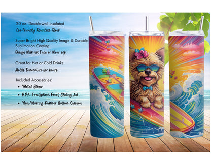 Yorkie at the Beach, 90's Rainbow Colorful 20oz Skinny Stainless Steel Tumbler, Yorkshire Terrier Insulated Travel Mug for Summer
