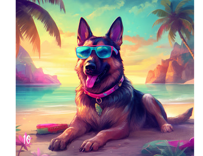 90's  German Shepard Dog at the Beach, Rainbow Colorful 20oz Skinny Stainless Steel Tumbler, GSD Insulated Travel Mug for Summer