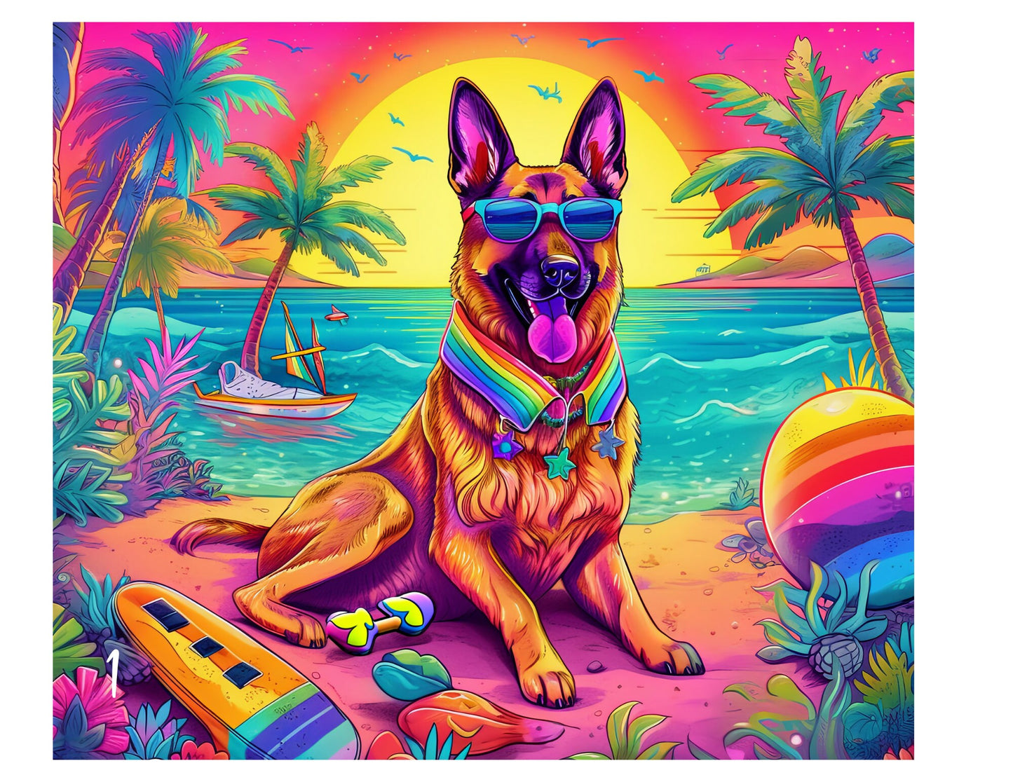 90's  German Shepard Dog at the Beach, Rainbow Colorful 20oz Skinny Stainless Steel Tumbler, GSD Insulated Travel Mug for Summer