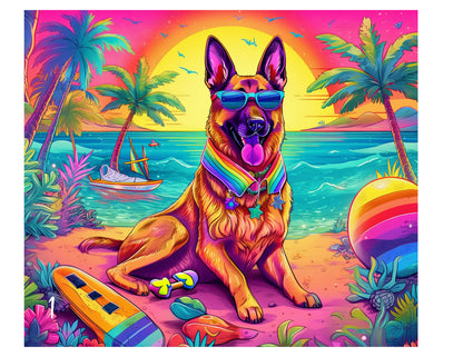 90's  German Shepard Dog at the Beach, Rainbow Colorful 20oz Skinny Stainless Steel Tumbler, GSD Insulated Travel Mug for Summer