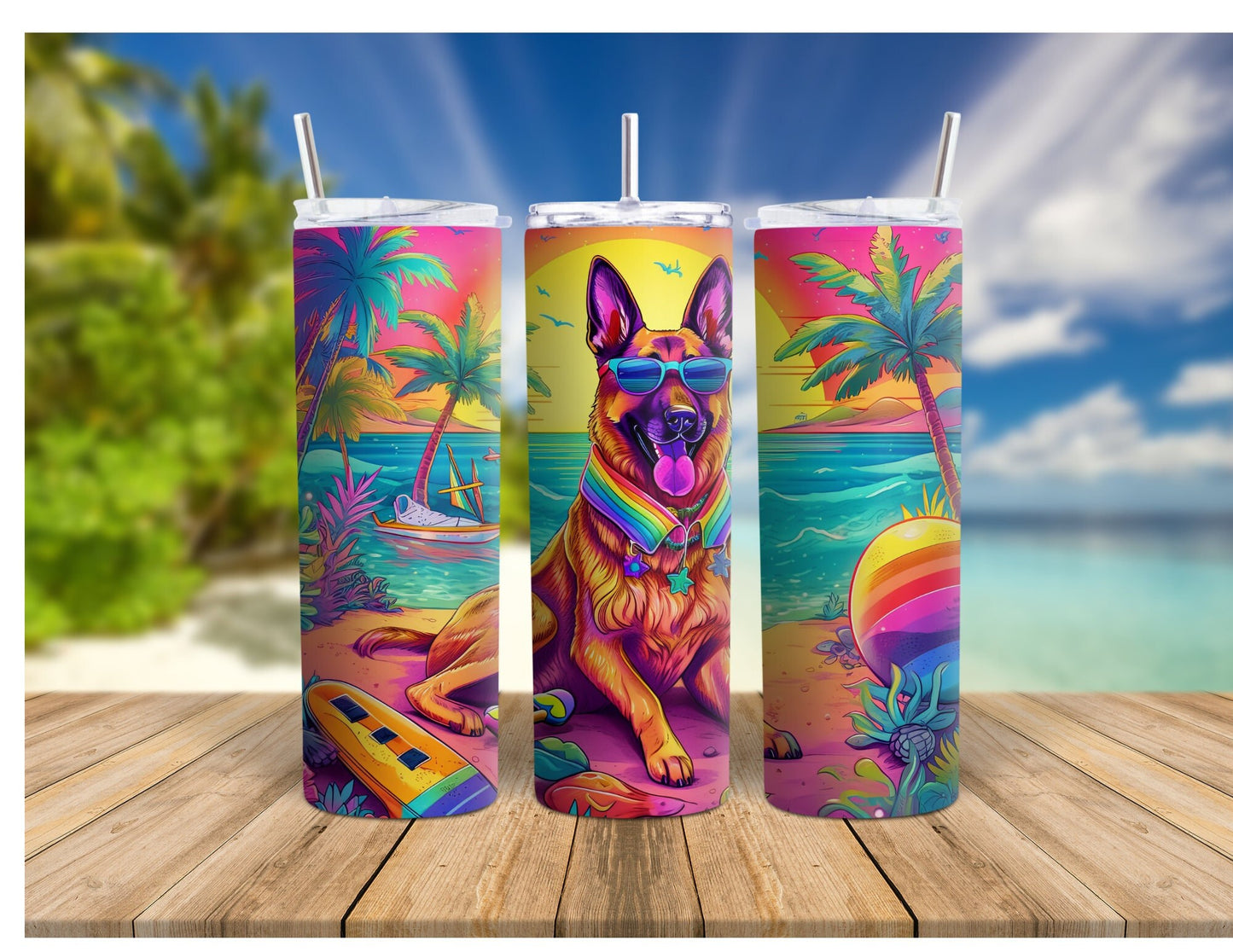 90's  German Shepard Dog at the Beach, Rainbow Colorful 20oz Skinny Stainless Steel Tumbler, GSD Insulated Travel Mug for Summer