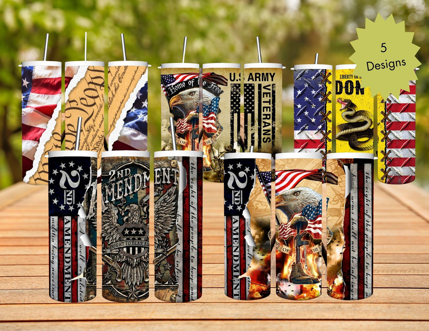 Patriotic Stainless Steel Tumbler - 20oz. Featuring Full-Color Second Amendment, Dont Tread on Me, Army Vet, and Constitution Designs.