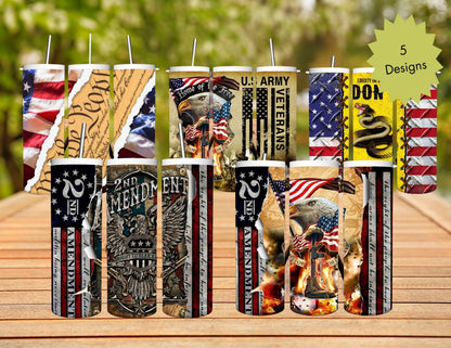 Patriotic Stainless Steel Tumbler - 20oz. Featuring Full-Color Second Amendment, Dont Tread on Me, Army Vet, and Constitution Designs.