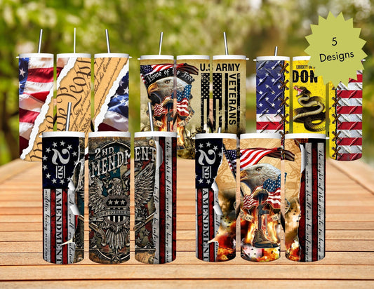 Patriotic Stainless Steel Tumbler - 20oz. Featuring Full-Color Second Amendment, Dont Tread on Me, Army Vet, and Constitution Designs.