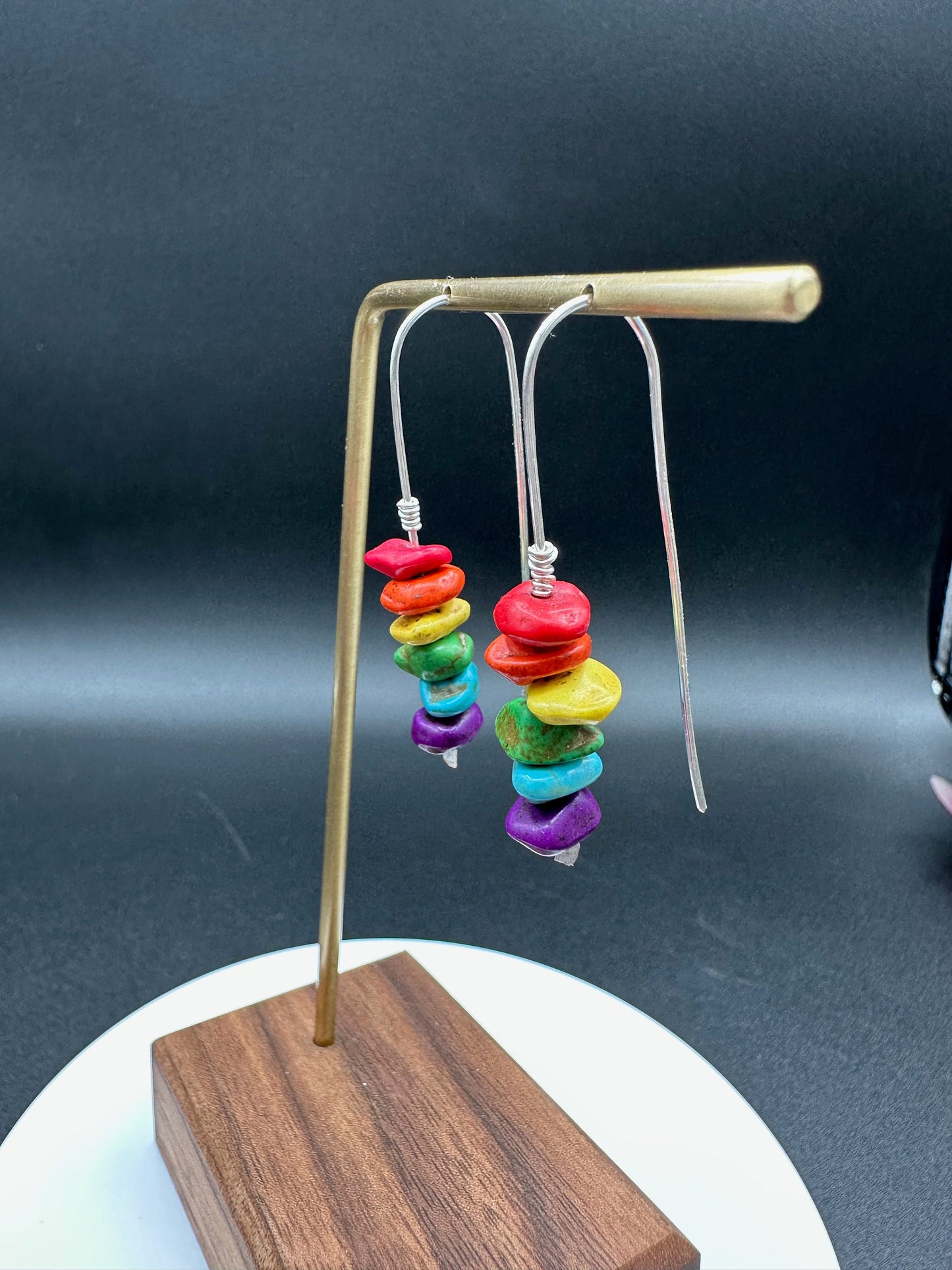 Rainbow Beaded Boho Arch Earrings, Perfect gift, Natural Stone chip multi-color wire earrings in gold, silver or rose gold.