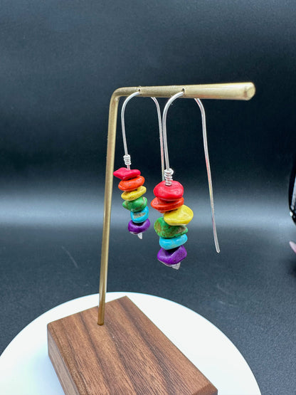 Rainbow Beaded Boho Arch Earrings, Perfect gift, Natural Stone chip multi-color wire earrings in gold, silver or rose gold.