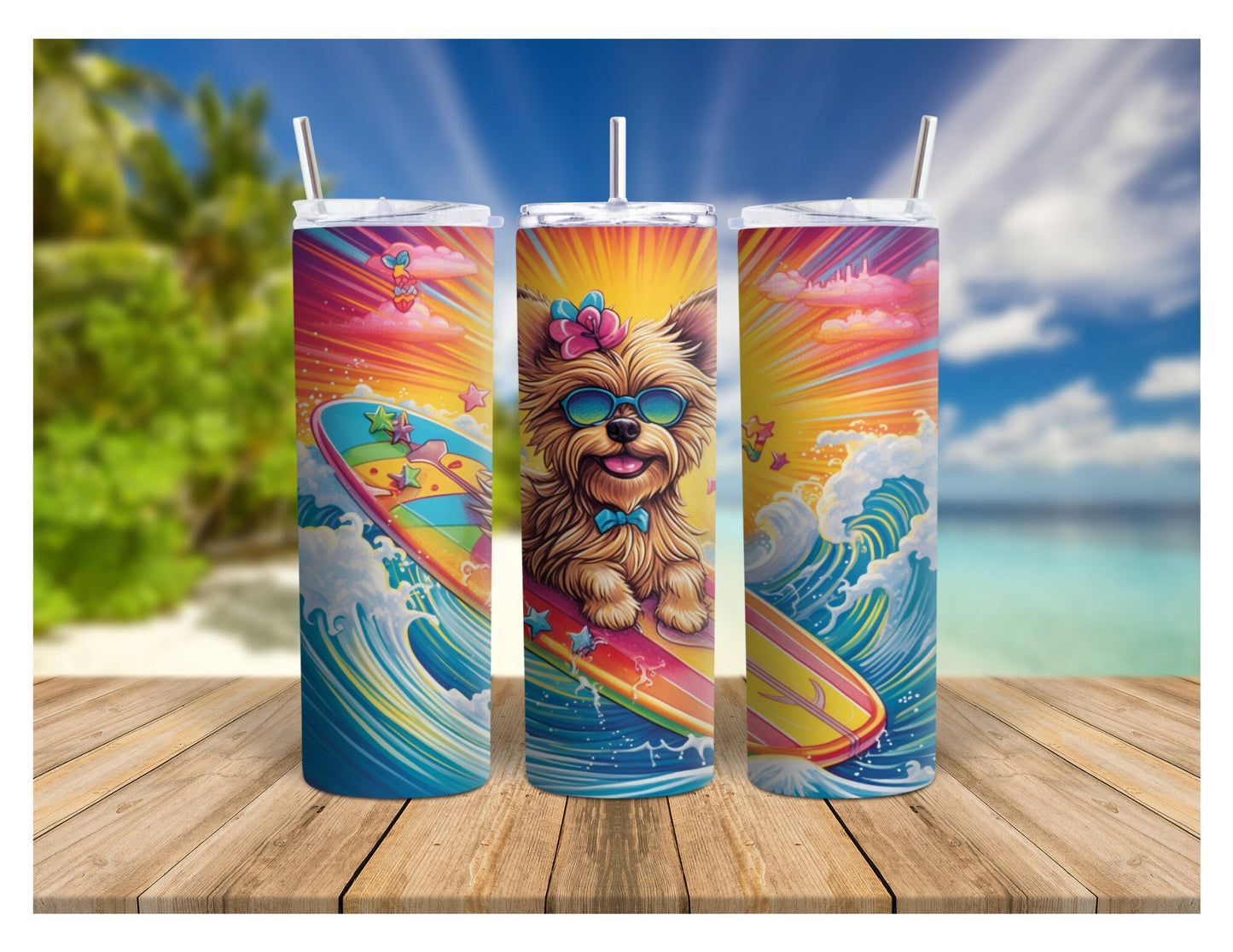 Yorkie at the Beach, 90's Rainbow Colorful 20oz Skinny Stainless Steel Tumbler, Yorkshire Terrier Insulated Travel Mug for Summer